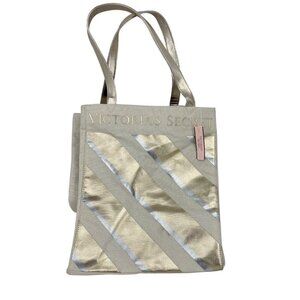 Victoria's Secret Tote Gold  Silver Foil Glitter Stripe Weekender Shoulder Bag